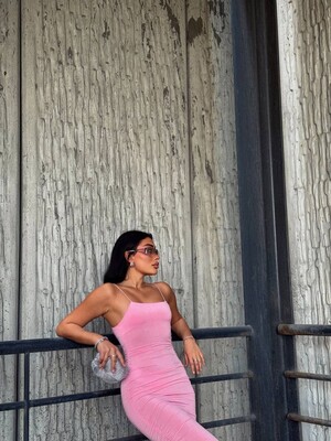 İNCE ASKILI SANDY ELBİSE PEMBE - Thumbnail