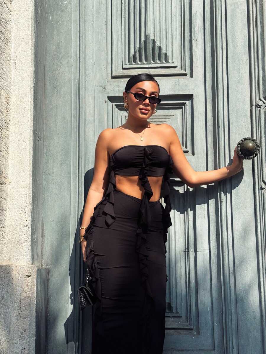 TAYT VEGAS - LİKRA SANDY ELBİSE FIRFIRLI SİYAH