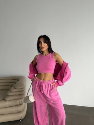ÜÇ İPLİK YIKAMALI YUMUŞACIK TAKIM ÜÇLÜ SET PEMBE - Thumbnail