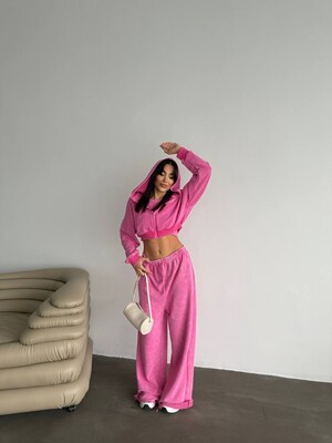 ÜÇ İPLİK YIKAMALI YUMUŞACIK TAKIM ÜÇLÜ SET PEMBE - Thumbnail