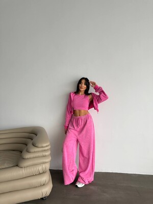 ÜÇ İPLİK YIKAMALI YUMUŞACIK TAKIM ÜÇLÜ SET PEMBE - Thumbnail