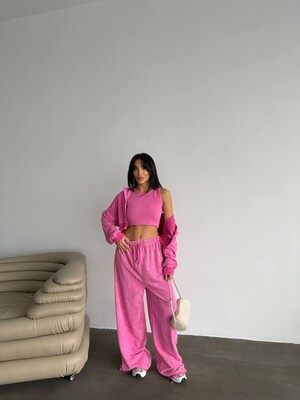 ÜÇ İPLİK YIKAMALI YUMUŞACIK TAKIM ÜÇLÜ SET PEMBE - Thumbnail