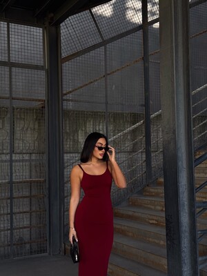 UZUN ASKILI SANDY ELBİSE BORDO - Thumbnail